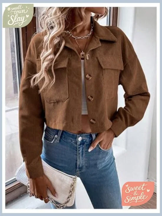 Corduroy Cropped Shacket Jacket Lightweight Long Sleeve Button Down - Picture 3 of 7